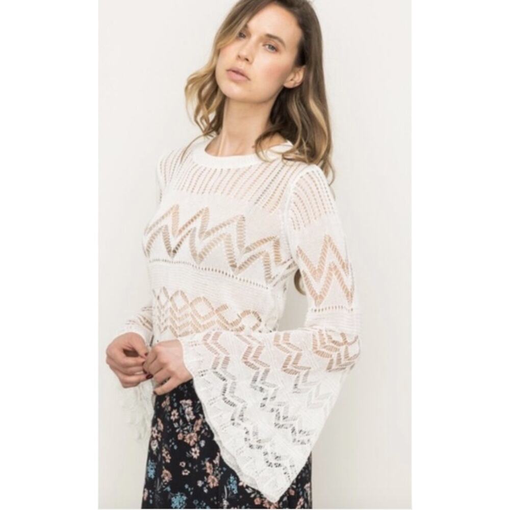 Anthropologie Mystree Pointelle Cropped Sweater Bell Sleeve Top
